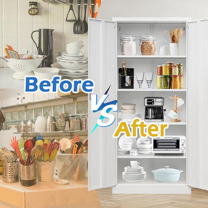 Wanfu Metal Storage Cabinet, 71”H Locking Storage Cabinet with 5 Adjustable Shelves, Steel Cabinets for Garage, Home, Office, Pantry (White)