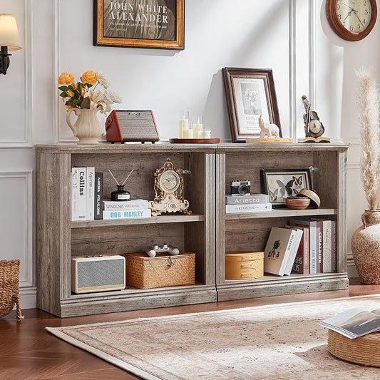 RWYHG 30" Grey Bookshelf Set of 2,2-Tier Thick Wood Book Shelf with Adjustable Shelves,Free Standing Farmhouse Bookcase with Open Display Storage,Floor Vintage Bookshelves for Living Room,Office