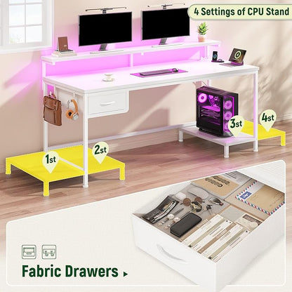 DurayLoly Computer Desk with Ergonomic Monitor Stand & CPU Stand,47.2" Gaming Desk with 1 Drawer & Power Outlet & LED Lights for Home Work, Bedroom Study and Gaming, Small Spaces,White