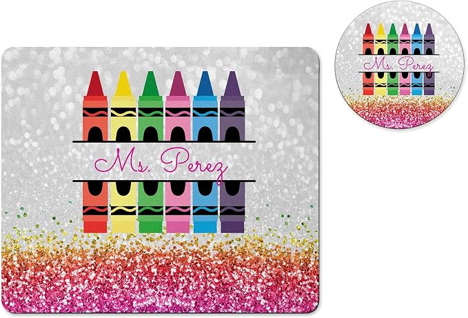 Personalized Teacher Mousepad and Coaster Desk Set Gift for Teachers Appreciation Back to School Classroom Decor Custom Handmade by The Painted Pug (Rainbow Crayon)