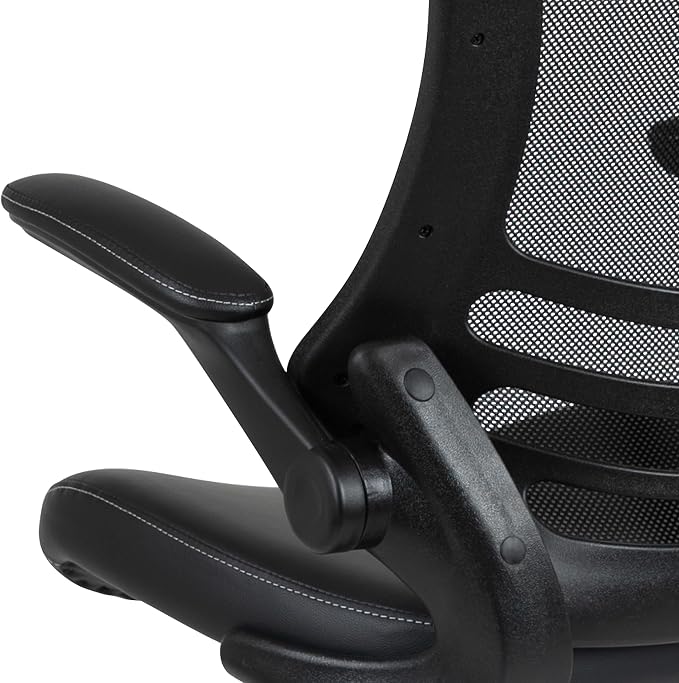 Flash Furniture Kelista Mid-Back Swivel Office Chair with Adjustable LeatherSoft Seat Height, Ergonomic Mesh Chair with Flip-Up Arms, Black
