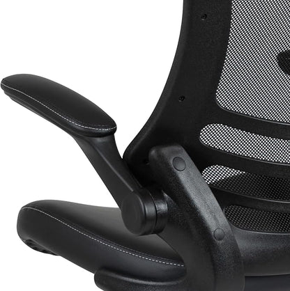 Flash Furniture Kelista Mid-Back Swivel Office Chair with Adjustable LeatherSoft Seat Height, Ergonomic Mesh Chair with Flip-Up Arms, Black