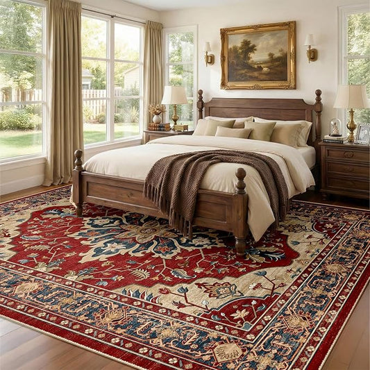 RELEANY Area Rugs Large 9'x12' Washable Non-Slip, Floral Vintage Distress Medallion Carpet for Living Room Bedroom Dining Room, Red Blue