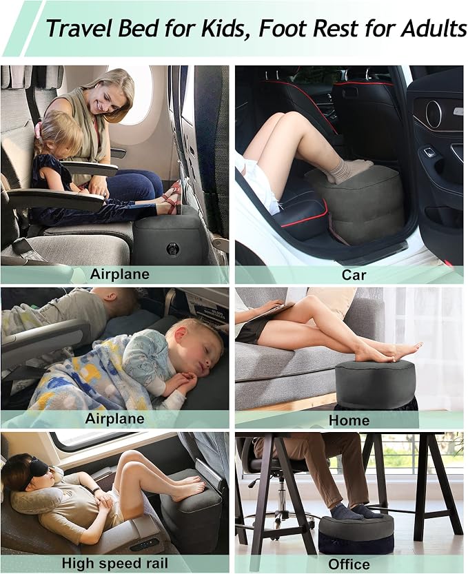 Inflatable Travel Foot Rest Pillow, Kids Airplane Bed, Adjustable 3 Layers Height Leg Rest Pillow, Adults Travel Essentials Great for Airplane, Office, Home, Trains, Cars (2 Pack-Dark Grey)