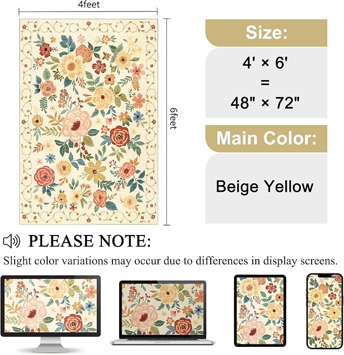 DUKINO 4x6 Area Rug, Lightweight Non Slip Washable Floral Rug, Indoor Low Pile & Non-Shedding Boho Design Rugs for Bedroom, Living Room, Dining Room, Beige Yellow