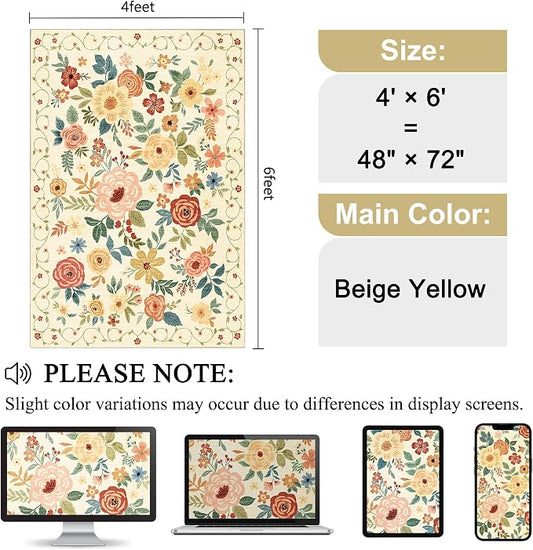 DUKINO 4x6 Area Rug, Lightweight Non Slip Washable Floral Rug, Indoor Low Pile & Non-Shedding Boho Design Rugs for Bedroom, Living Room, Dining Room, Beige Yellow