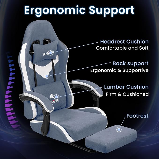 N-GEN GAMING Video Gaming Chair with Footrest Lumbar Support for Home Office High Back Recliner Height Adjustable Ergonomic Comfy Fabric Computer Desk Chair (Blue)