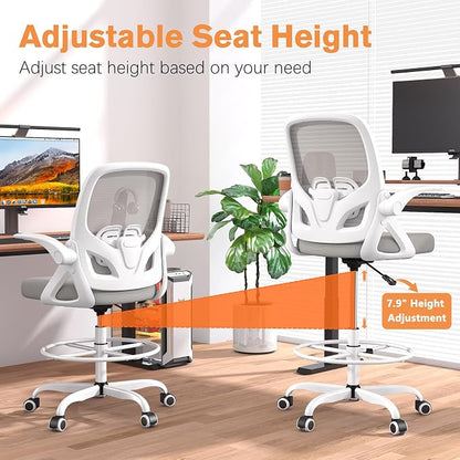 ORRSAKER Drafting Chair, Tall Office Chair with Flip-up Arms, Mesh Ergonomic Computer Standing Desk Chair with Adjustable Height Foot Ring and Lumbar Support, 300 LBS Capacity, Gray