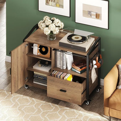 HSH Rolling File Cabinet with Lock, Mobile Lateral Filling Cabinet on Wheels, Wood Printer Stand with Storage Drawer, Modern File Cabinets Fits F4 Legal for Home Office, Rustic Oak, 33Inch