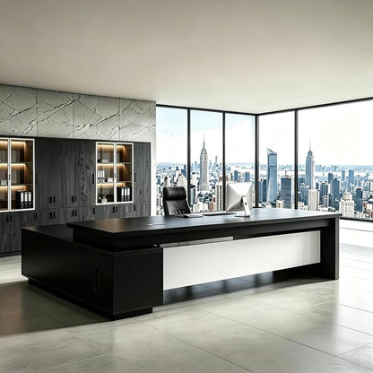 L Shaped Executive Desk with Drawers, Modern Large Wood Home Office Desk, Computer Desk with Storage for Boss Office Workstation