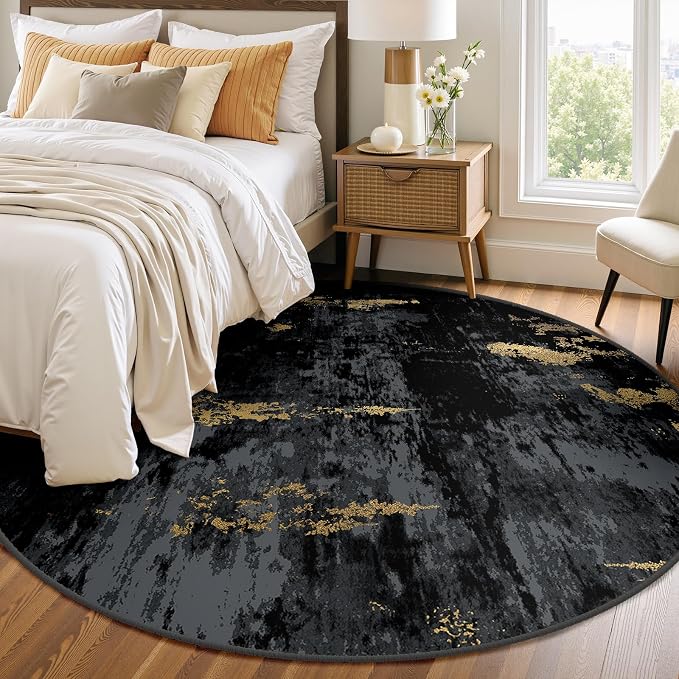 RELEANY Washable Area Rugs 8ft Non-Slip Modern Abstract Soft for Living Room Entryway Bedroom Kitchen, Print Pattern, Dark Black Gold