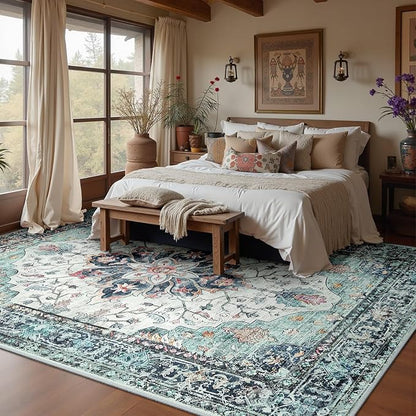 RELEANY Area Rugs 8'x10' Washable Non-Slip, Floral Vintage Distress Medallion Carpet for Living Room Bedroom Dining Room, Green Navy Blue White Red Teal