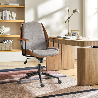 Modern Ergonomic Office Chair with Wood Frame & Metal Base, Swivel Home Office Desk Chairs with Adjustable Height, Comfy Upholstered Computer Chair, Tan