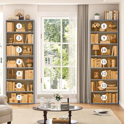 FACBOTALL 82" Tall Bookshelf Set of 2, 7-Tier Double Open Shelves Bookcase,Freestanding Display Storage Shelves, Tall Bookcase Home Decor Furniture for Home Office,Living Room,Bedroom, Blue