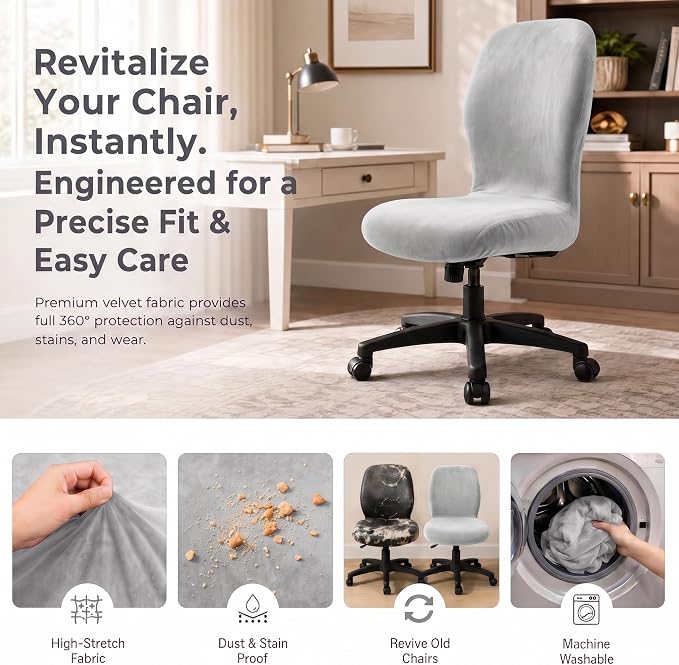 Deisy Dee Velvet Stretch Armless Office Chair Covers - Colorful Stretch Slipcover for Desk Chairs (Sliver)