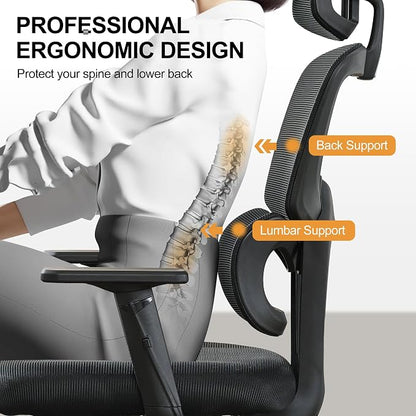 Ergonomic Office Chair,Home Mesh Office Desk Chairs,High Back Office Chair 330 LBS,Swivel Computer Task Chair with 2D Armrest,Lumbar Support,Adjustable Headrest,Rocking Function (Black)