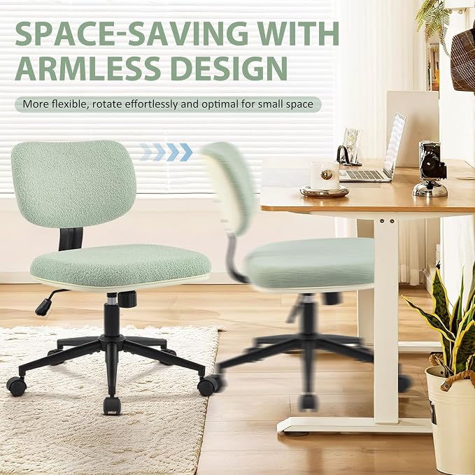 Armless 20" Wide Office Desk Chair, Comfy Desk Chair with Wheels Adjustable Height Swivel Rolling Chairs for Small Space Home Office Bedroom Study Vanity, Sherpa Mint-Green/PU