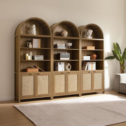 SICOTAS Book Shelf Arched Cabinet Bookshelf Arch 84.2" Tall Bookcase 5 Tier Large Bookshelves with Doors Storage Rattan Boho Wide Book Shelves Case for Living Room Kitchen Office Library