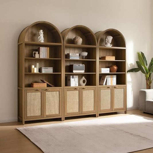 SICOTAS Book Shelf Arched Cabinet Bookshelf Arch 84.2" Tall Bookcase 5 Tier Large Bookshelves with Doors Storage Rattan Boho Wide Book Shelves Case for Living Room Kitchen Office Library