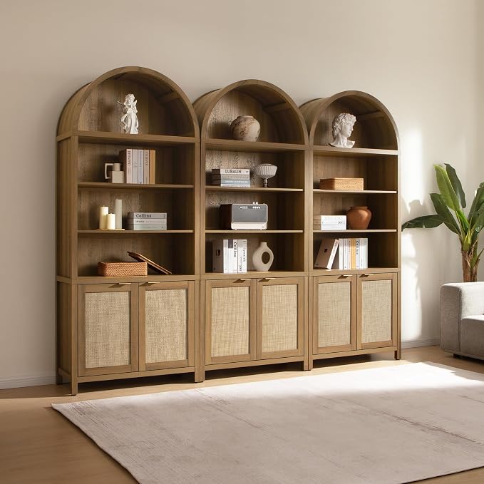 SICOTAS Book Shelf Arched Cabinet Bookshelf Arch 84.2" Tall Bookcase 5 Tier Large Bookshelves with Doors Storage Rattan Boho Wide Book Shelves Case for Living Room Kitchen Office Library