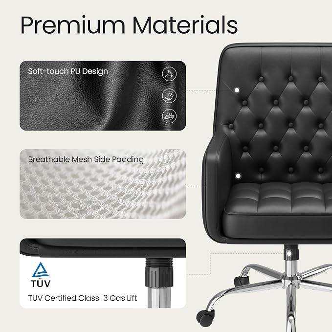 COLAMY Verso Home Desk Chair with Armrest, Leather Swivel Office Chair Adjustment Height with Wheels, Comfortable Padded Seat, Black