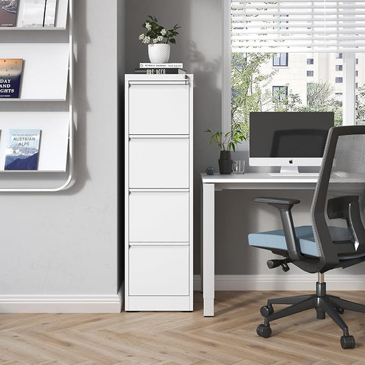 4 Drawer File Cabinet with Lock, Metal Vertical Filing Cabinets for Home Office, Heavy Duty File Storage Cabinet for Letter/Legal/A4/F4 Size File, Assembly Required, White