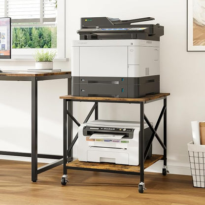 Warmiehomy 24"x24"x24" Large Printer Stand with Storage, 2 Tier Rolling Printer Cart Table, Mini Fridge Stand with Wheels, Use for 3D Laser Printer Home Office, Rustic Brown