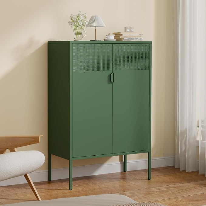 2 Mesh Door Metal Storage Cabinet with Adjustable Shelves, 3 Tier Steel Office Storage Cabinet 47''H Multipurpose Green Storage Cabinet, Metal Locker Storage Cabinet for Office, Home, Hallway