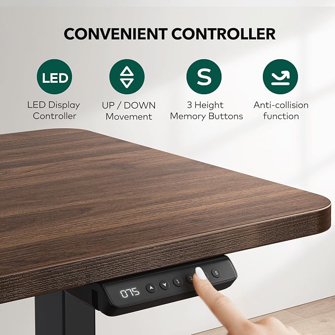 BANTI L-Shaped Standing Desk - 75 x 63 Inch Adjustable Corner Standing Desk with Charging Station - L Shape Sit Stand Table with Memory Controller, Splice Board for Home Office, Black Walnut