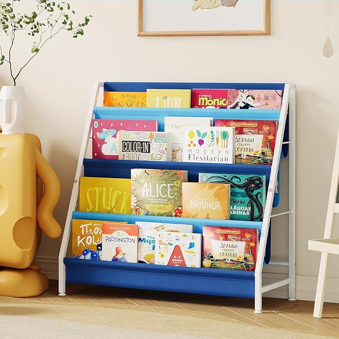 Aokitsink Kid Bookshelf for Kids Rooms, 4-Tier Blue Montessori Bookshelf,Toddler Children Bookshelf,Metal Kid's Book Storage Organizer for Boys Room Furniture Playroom Kindergarten