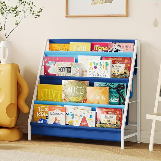 Aokitsink Kid Bookshelf for Kids Rooms, 4-Tier Blue Montessori Bookshelf,Toddler Children Bookshelf,Metal Kid's Book Storage Organizer for Boys Room Furniture Playroom Kindergarten