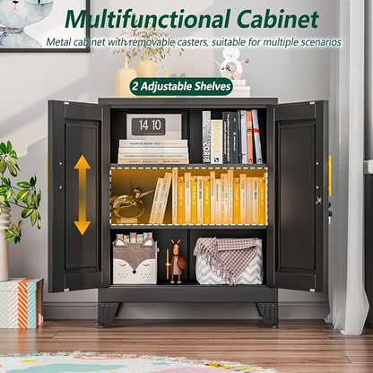 winiowa Tall Metal Storage Cabinet with Lock, Locking File Cabinet with 2 Doors and 2 Adjustable Shelves, Black Lockable Organizer for Home Office Garage（27.6" W）