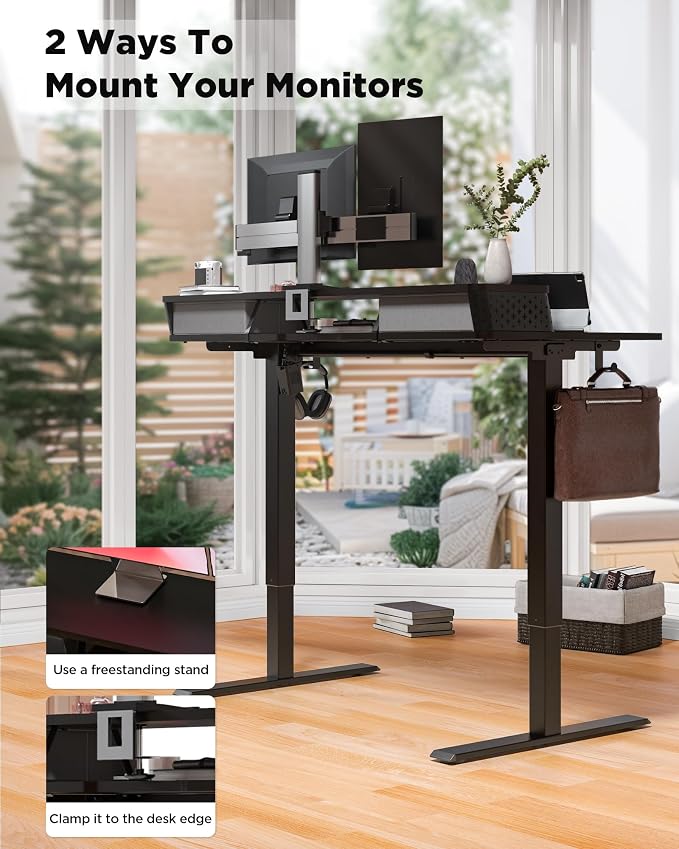 FiCiHi 55x24 Inch Standing Desk with Drawers, C-Clamp Mount Compatible, Electric Adjustable Height Computer Stand Up Desks, Home Office Sit Stand Table with 3 Preset Heights, Black