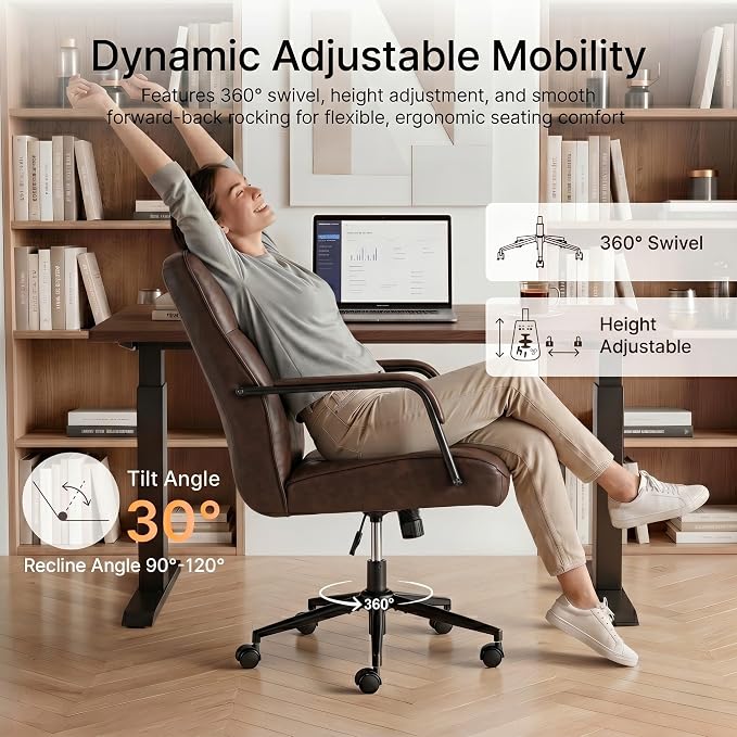 KISLOT Ergonomic Home Office Chair with Lumbar Support, Adjustable Swivel Modern Desk Chair with Wheels, Faux Leather Computer Chair with Padded Arms, Comfy Executive Office Chair, Espresso