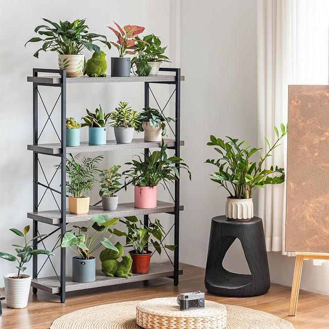 HCHQHS Bookshelf, 4-Tier Industrial Bookcase, Rustic Open Book Shelf, Freestanding Tall Bookshelves with Metal Frame