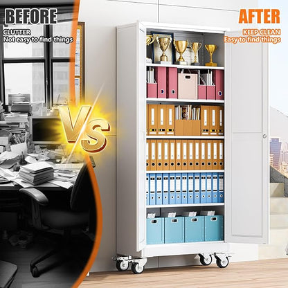 pozdeg 75" Metal Garage Storage Cabinets with Wheels, Lockable Rolling File Cabinets with 2 Doors and 5 Adjustable Shelves, Steel Tool Organizer Locker for Office Home Garage Gym School, White