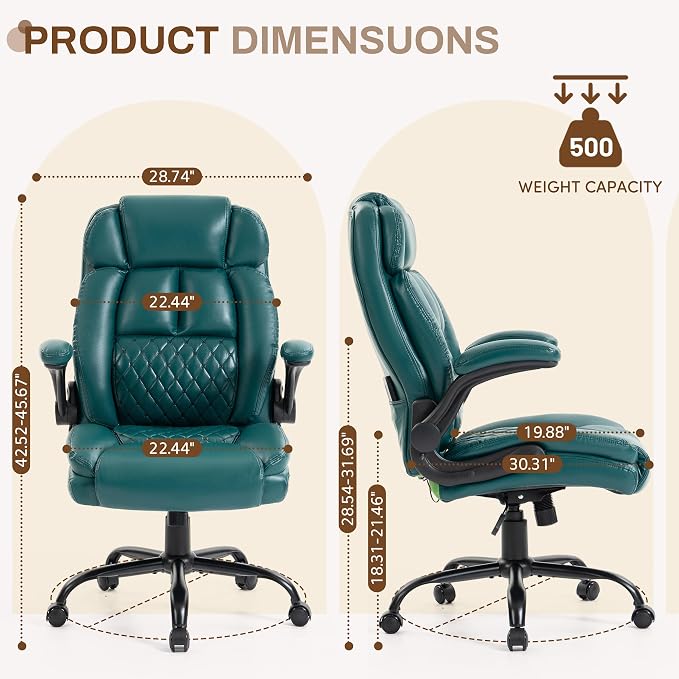 Massage Office Chair,500LBS Ergonomic Rocking Executive Desk Chairs with 4 Points Vibration&Heat,Padded Flipup Armrests for Big and Tall Office Chair,Swivel Computer Chair PU DarkGreen