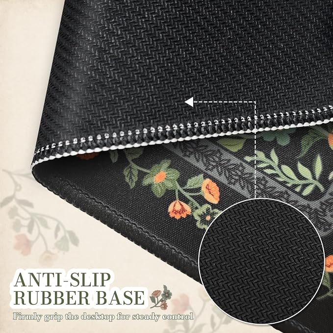 iCasso Aesthetic Small Floral Mouse Pad, Mini Portable Travel Mousepad, Anti-Slip and Comfortable Cloth Mouse Mat 7.9"x9.5" with Stitched Edges for Computer, Laptop, Office, Home(Black)