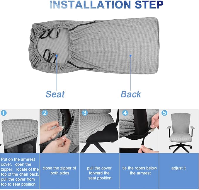 Tatuo 3 Pcs Computer Office Chair Cover Universal Rotating Chair Slipcovers Protector Removable Washable Office Armrest Covers with Zipper for High Back Seat Backrest(L,Waffle,Gray)