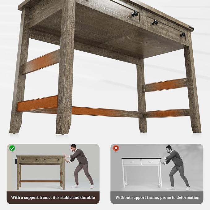 EnHomee 40" Small Desk with Power Outlets, Computer Desk with 2 Drawers for Bedroom and Home Office, Writing Desk with a Side Pocket, Vanity Desks for Bedroom, Dark Rustic Oak