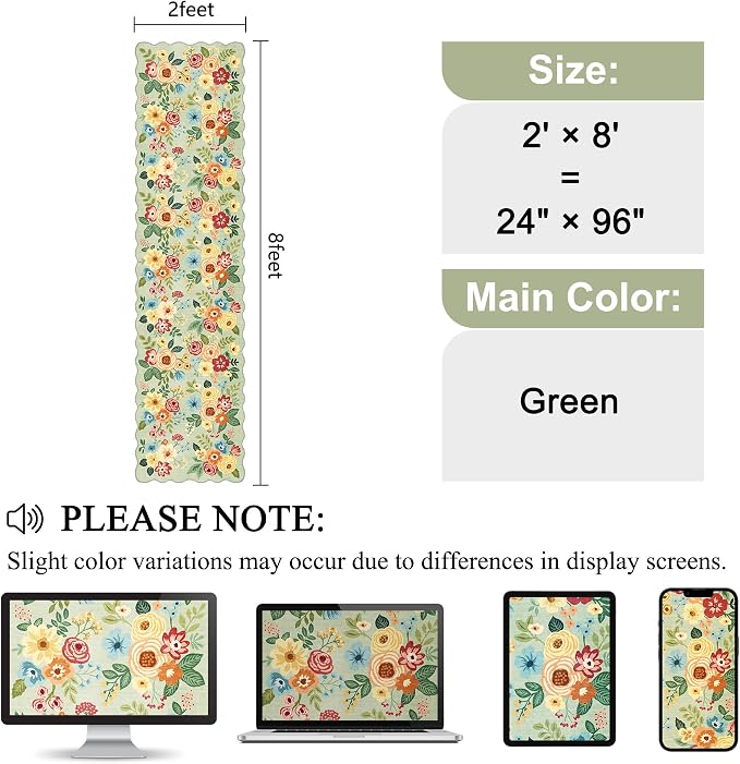 DUKINO 2x8 Washable Runner Rug, Lightweight Soft Floral Hallway Rug Runner with Low Pile Design, Non Shedding & Non Slip Backing Thin Indoor Carpet for Bedroom, Bathroom, Entrance, Kitchen, Green
