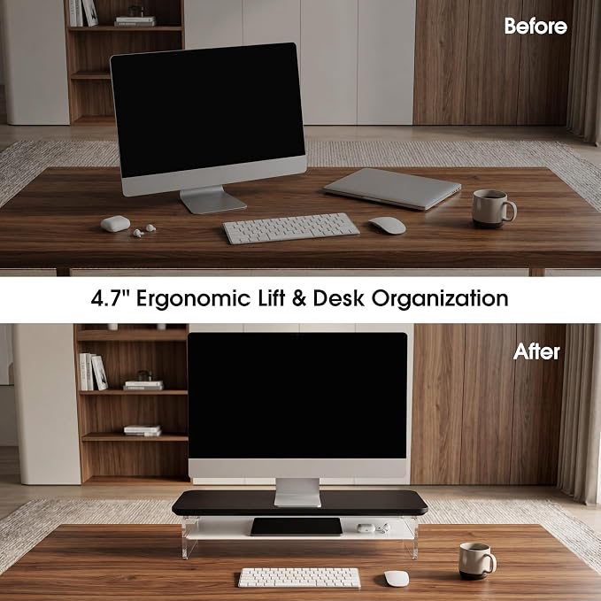 Fenge Acrylic Monitor Stand Riser, 23.6 Inches Monitor Stand with Metal Storage, 2 Tier Acrylic Computer Riser for Desk, Clear Laptop Stand for PC, Laptop, Printer, TV