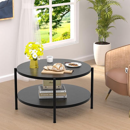 FAMIDGE Coffee Table, 2 Tier Coffee Tables for Living Room, Round Coffee Table with Storage, Floor Table for Bedroom, Home Office, Black (27.6" D x 18.1" H)