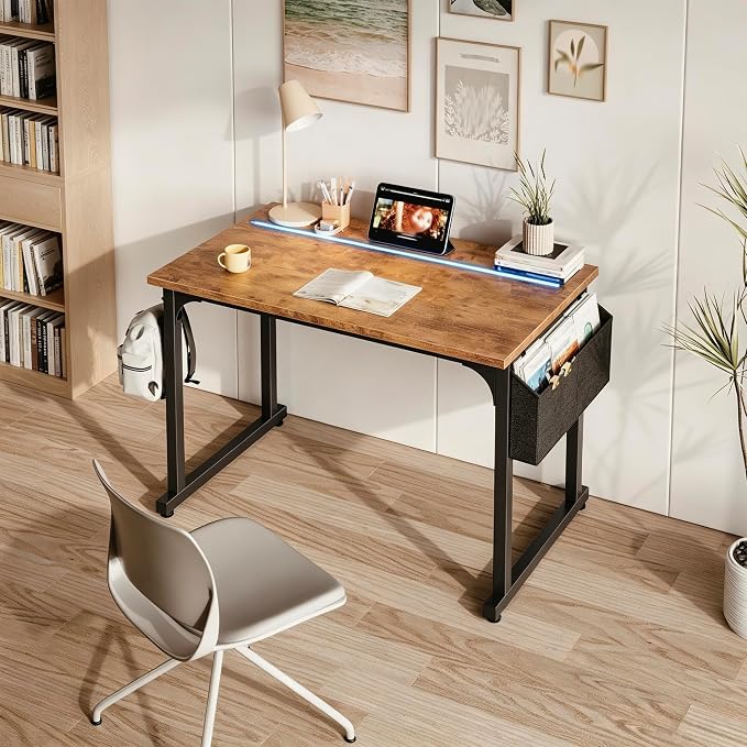 DurayLoly 32" Computer Desk with Waterproof LED Lights,Bedroom Study Desk for Teens,Dorm Room Essentials,Headphone Hook&Storage Bag for Small Spaces,Sturdy Metal Frame,Rustic Brown