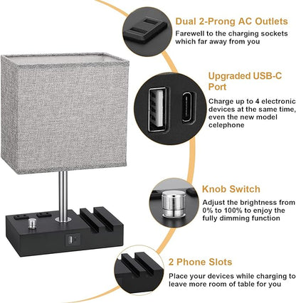 Kakanuo Fully Dimmable Nightstand Lamp for Bedroom with USB C Ports, Grey Small Bedside Table Lamp with Charging Outlets and Phone Stands, Wooden Desk Lamp for Living Room, LED Bulb Included