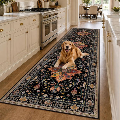RELEANY Area Rugs Runner 3'x10' Washable Non-Slip, Floral Vintage Distress Medallion Carpet for Kitchen Hallway Bedroom Beside Laundry Room Bathroom, Black Colorful Floral Dark Tan