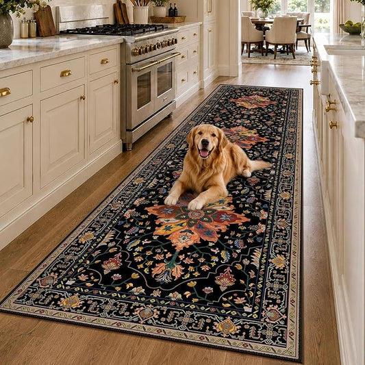 RELEANY Area Rugs Runner 3'x10' Washable Non-Slip, Floral Vintage Distress Medallion Carpet for Kitchen Hallway Bedroom Beside Laundry Room Bathroom, Black Colorful Floral Dark Tan