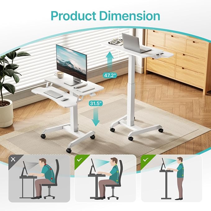 PEGZONE Standing Rolling Desk with Keyboard Tray, Laptop Cart with Wheels, Adjustable Height Portable Computer Workstation Cart for Classroom, Office