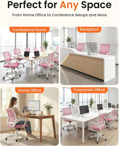 NEO CHAIR Office Desk Computer Chair Ergonomic Mesh Gaming Cushion Seat with Comfy Lumbar Mid Back Support Adjustable Height Swivel Rolling Wheels for Home Task (Pink)