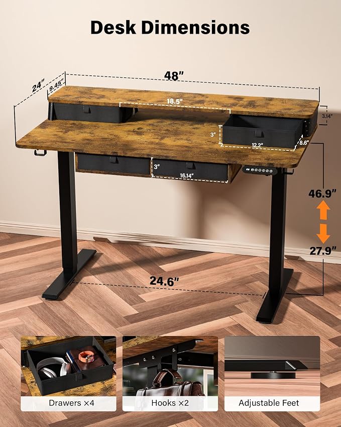 FiCiHi Electric Standing Desk with Four Drawers, 48 x 24 Inch Adjustable Height Sit Stand Desk, C-Clamp Compatible Home Office Desk with Storage Shelf & Monitor Stand Riser, Rustic Brown